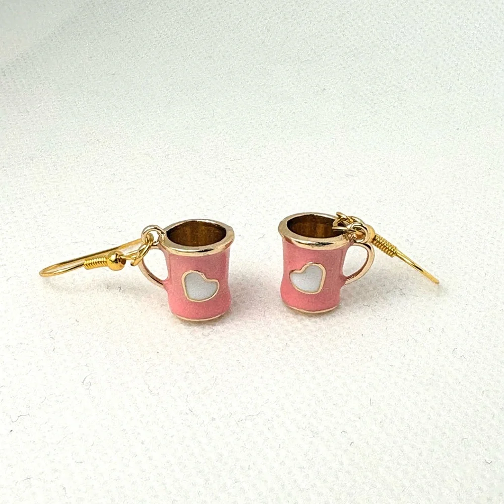 Heart Mug Earrings 3D Pink and Gold Handcrafted Hypoallergenic